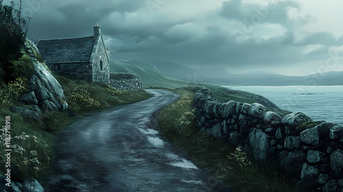 Eriskay coastal pass: low light scenery, narrow road. Willowlight. Illustration photo