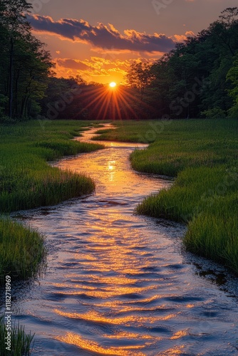 Sunset over Serene Meadow Stream with Vibrant Green Grass and Golden Sunlight Reflections Creating a Breathtaking Tranquil Natural Scene