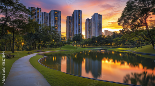 A Tranquil Park at Twilight with a Peaceful Water Pond, Surrounded by Winding Paths and Tall Trees, the Colorful Evening Sky Reflected in the Still Water, with Contemporary Apartment Buildings Towerin photo