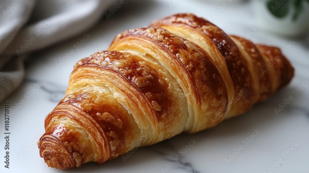 A golden, flaky croissant resting on a marble surface, showcasing its texture and layers. A golden, flaky croissant resting on a marble surface, showcasing its texture and layers.
