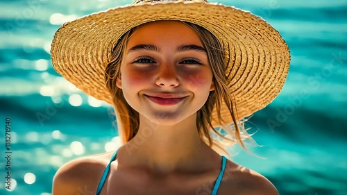 A young Caucasian girl wearing a wide-brimmed sunhat smiles brightly, captured near a blue body of water. It's daylight and her happy mood is evident, exemplifying a joyful summer day.