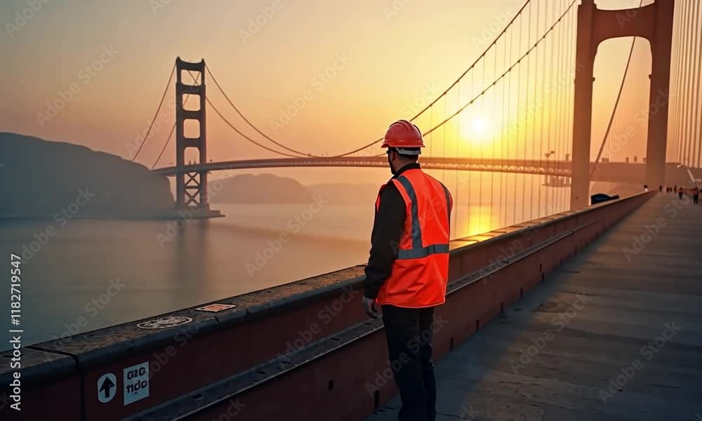 A construction worker conducting an inspection on a bridge, ensuring safety and structural integrity in a professional setting