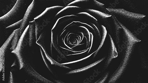 Dramatic black and white close-up rose with shimmering dew drops in stippling design. Timeless beauty and elegance concept. Retro styled dotwork. Pointillism. Noisy grainy shading. Vector illustration