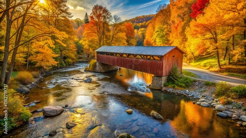 Aerial View of Weddle Covered Bridge Spanning Ames Creek, Rustic Autumn Scenery photo