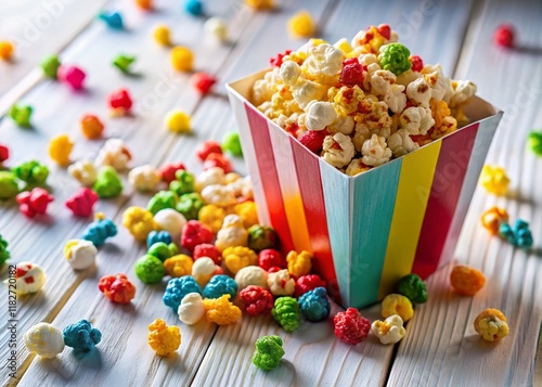 Aerial View: Party Favor Popcorn Box Overflowing on White Table