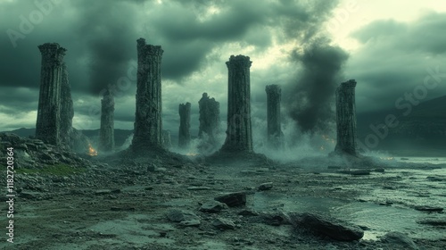 Apocalyptic stone pillars burning, coastal wasteland photo