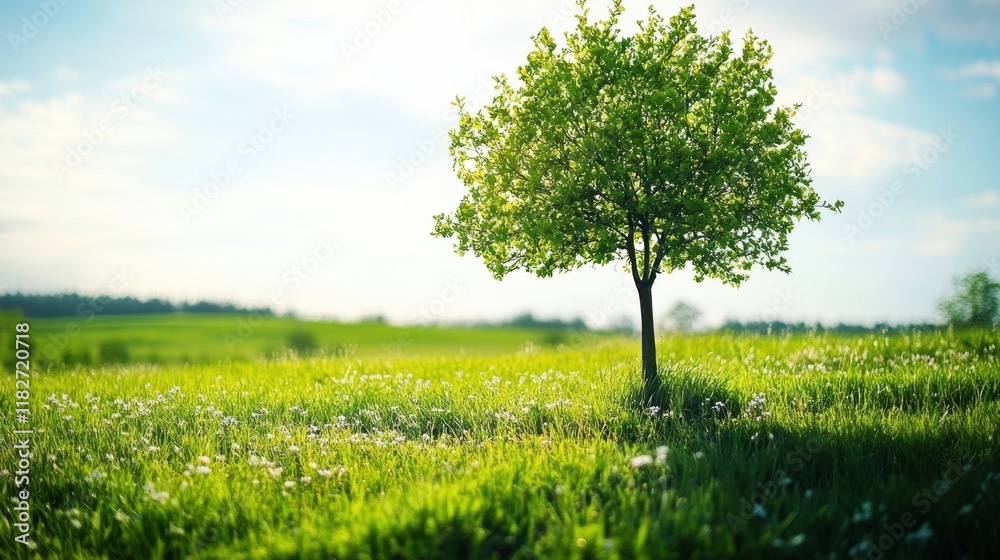 Fototapeta premium Lush green tree standing alone in a vibrant field under a clear blue sky during a sunny day