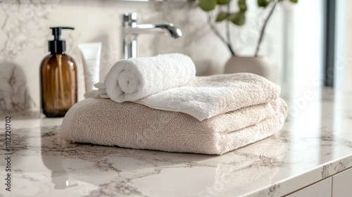 Luxury bath towels, toiletries, marble countertop, modern bathroom, spa-like setting photo