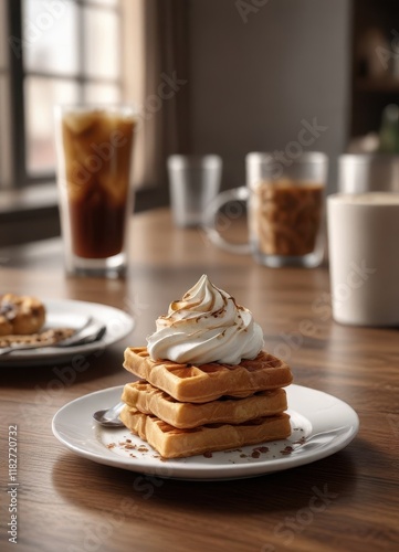 Eiskaffee in einem Glas mit Waffel und Strohhalm auf einem Tisch, beverage, glass, dessert photo