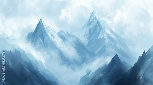 Awe-Inspiring Mountain Range Painting in Soft Blue Tones, A Majestic Winter Landscape