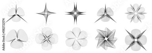Abstract shapes, basic brutal forms and retro figures in Y2K aesthetics, vintage stickers, logos and labels. Decorative design element set, vector illustration on white background.