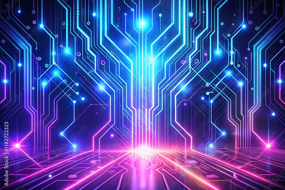 Glowing neon circuit board lines. Glowing neon circuit board lines.