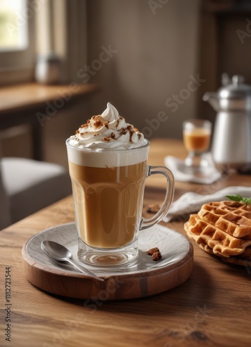 Eiskaffee in einem Glas mit Waffel und Strohhalm auf einem Tisch, straw, waffle, glass photo