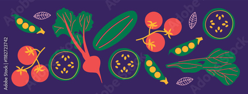 Abstract appetizing Vegetables collection. Decorative abstract horizontal banner with colorful doodles. Hand-drawn modern illustrations with Vegetables, abstract elements. Cucumber, peas, pepper.	
