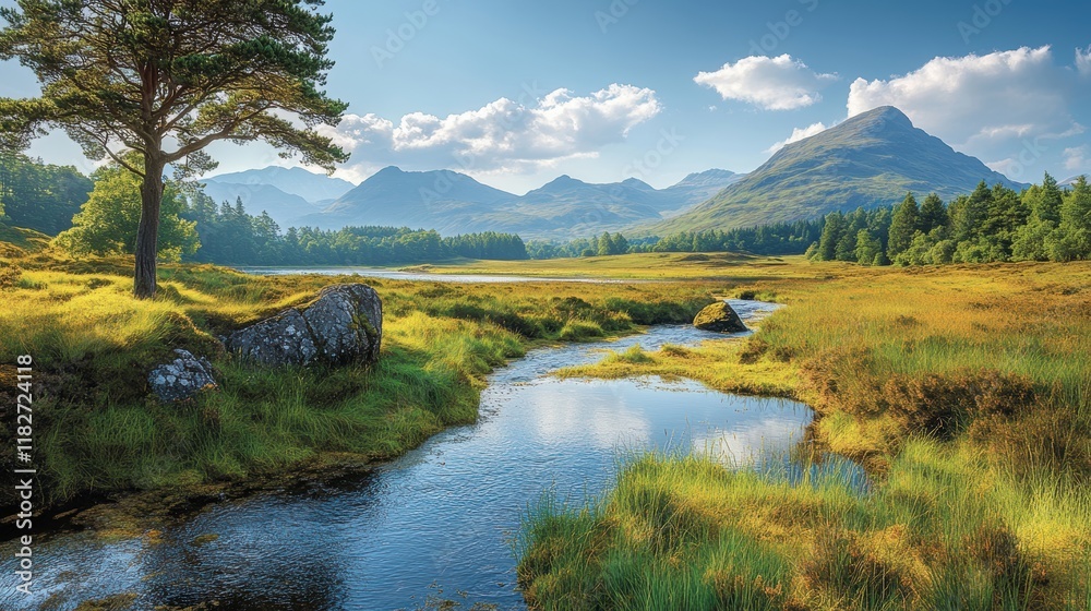 Scenic Highland Landscape with Serene River Flowing Amidst Lush Greenery and Majestic Mountains under a Clear Blue Sky on a Sunny Day Scenic Highland Landscape with Serene River Flowing Amidst Lush Greenery and Majestic Mountains under a Clear Blue Sky on a Sunny Day