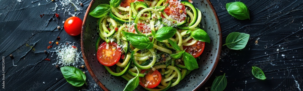 There is a plate of zucchini noodles with tomatoes and basil, food background, banner, copy space There is a plate of zucchini noodles with tomatoes and basil, food background, banner, copy space
