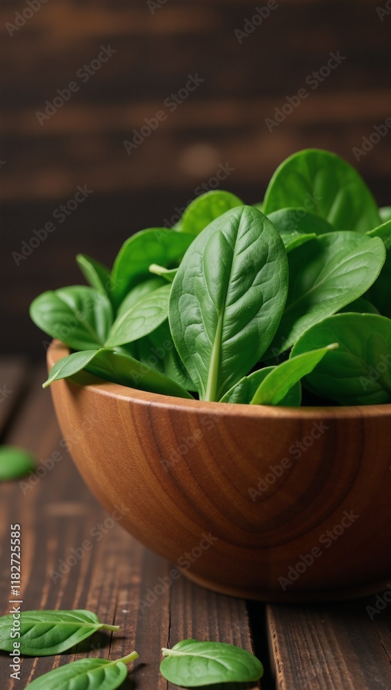 A vegan-inspired image featuring a bowl filled with vibrant spinach leaves against a dark rustic wood backdrop A vegan-inspired image featuring a bowl filled with vibrant spinach leaves against a dark rustic wood backdrop