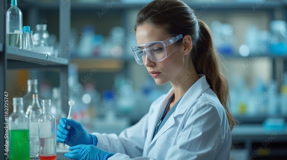 A photorealistic image of a female scientist in a laboratory setting, wearing a lab coat and safety goggles. She is focused on conducting an experiment A photorealistic image of a female scientist in a laboratory setting, wearing a lab coat and safety goggles. She is focused on conducting an experiment