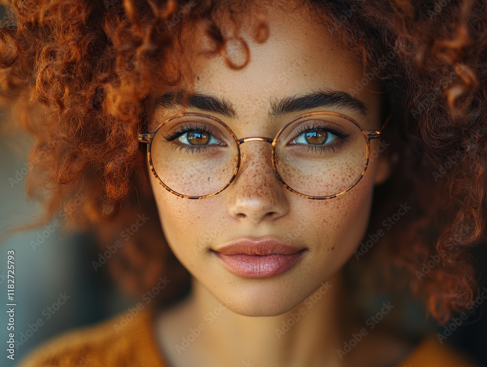 Close-Up Portrait of a Person with Curly Hair and Glasses, Capturing the Intricate Details of Freckles, Sparkling Eyes, and Natural Expressions in a Soft Light Ambiance Close-Up Portrait of a Person with Curly Hair and Glasses, Capturing the Intricate Details of Freckles, Sparkling Eyes, and Natural Expressions in a Soft Light Ambiance