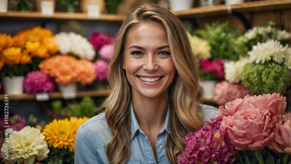 A passionate blonde florist with a smile creates a unique floral arrangement, surrounded by a vibrant assortment of colorful blooms, in a floral market, in a flower store. A passionate blonde florist with a smile creates a unique floral arrangement, surrounded by a vibrant assortment of colorful blooms, in a floral market, in a flower store.