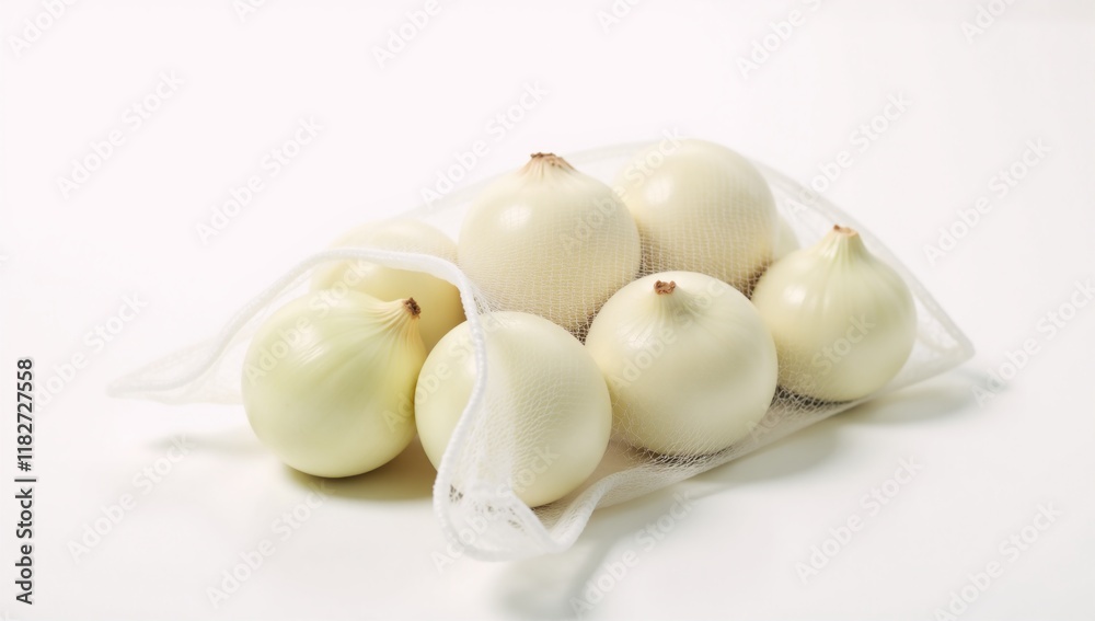 Fresh pre-packaged white onions displayed in an eco-friendly net bag against a clean backdrop to showcase their pristine quality and attractive presentation Fresh pre-packaged white onions displayed in an eco-friendly net bag against a clean backdrop to showcase their pristine quality and attractive presentation