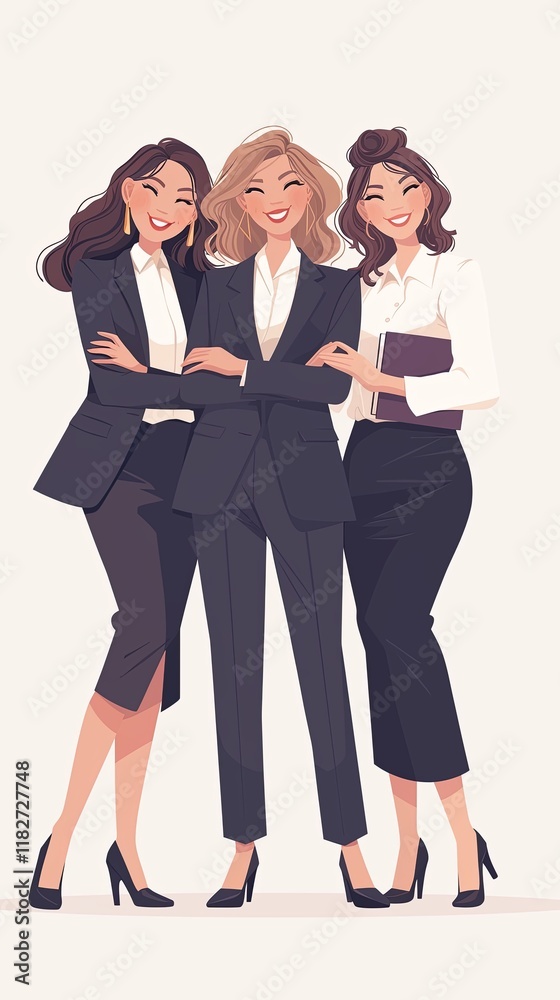 Three smiling businesswomen in professional attire embracing each other confidently Three smiling businesswomen in professional attire embracing each other confidently
