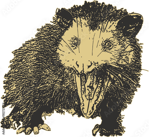 Angry possum snarling stencil with sepia tone colors.