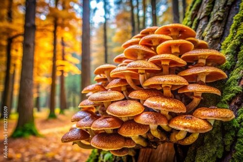 Armillaria Ostoyae Honey Fungus on Dutch Tree Trunk - Autumn Forest Scene photo