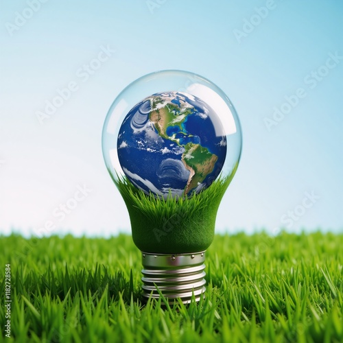 Globe Earth inside a sustainable eco-friendly glass bulb surrounded by lush greenery