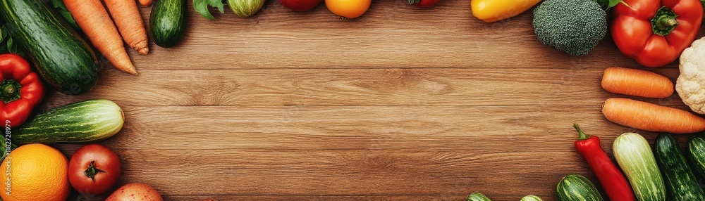 Naklejka premium A vibrant assortment of fresh vegetables arranged beautifully on a wooden table, perfect for healthy eating and cooking inspiration.