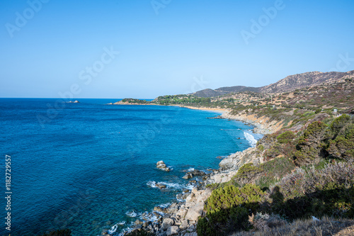 Obraz na płótnie The beautiful beach of Porto Sa Ruxi in Sardinia with white sand and transparent blue and turquoise water w salonie