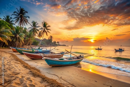 Arugam Bay Sri Lanka Beach Boats Dawn Documentary Style Photograph photo