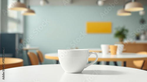 Wallpaper Mural White Coffee Cup on Round Table in Modern Café with Soft Lighting and Pastel Colors Torontodigital.ca