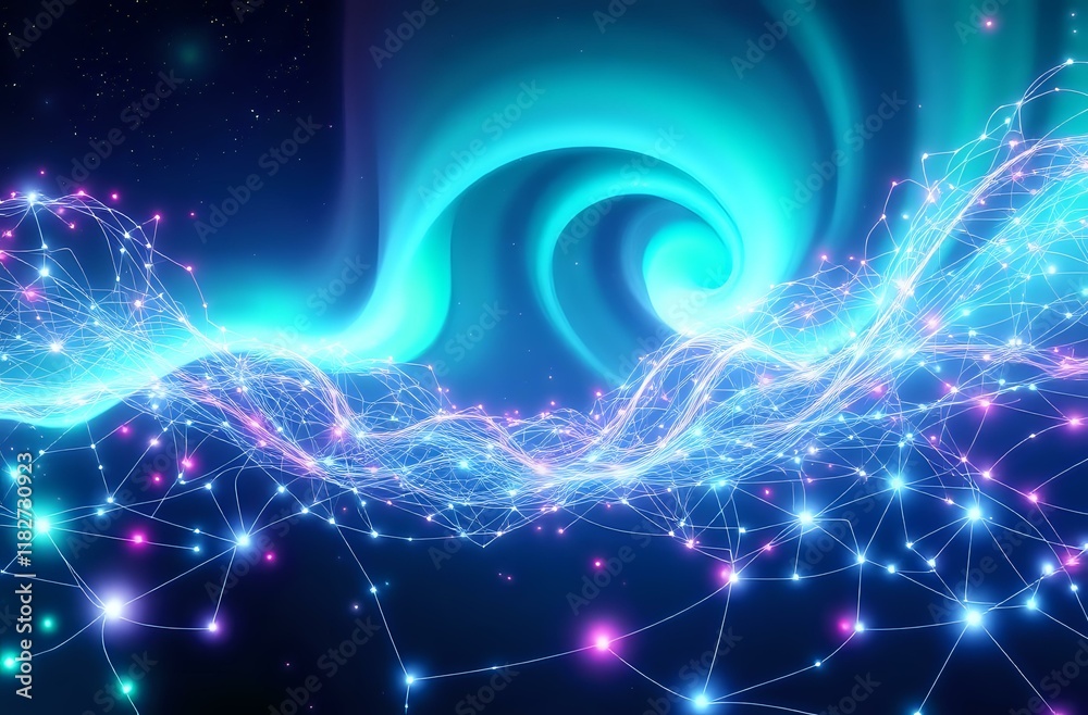 Fototapeta premium Mesmerizing Starlit Night Scene with Floating Wave & Bioluminescent Nodes