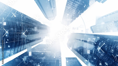 Futuristic cityscape with skyscrapers and technological overlay in a blue tone