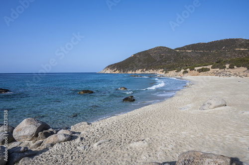 Obraz na płótnie The beautiful beach of Porto Sa Ruxi in Sardinia with white sand and transparent blue and turquoise water w salonie