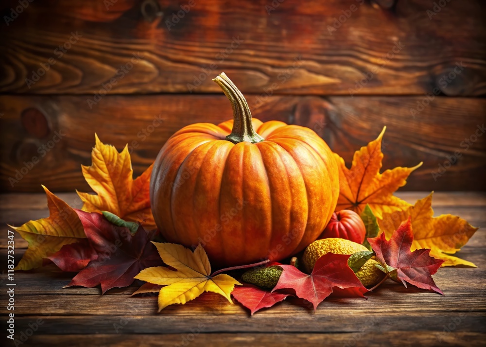 Autumn Pumpkin Illustration: Cozy Fall Harvest Still Life with Orange Pumpkin and Colorful Leaves on Brown Background Autumn Pumpkin Illustration: Cozy Fall Harvest Still Life with Orange Pumpkin and Colorful Leaves on Brown Background