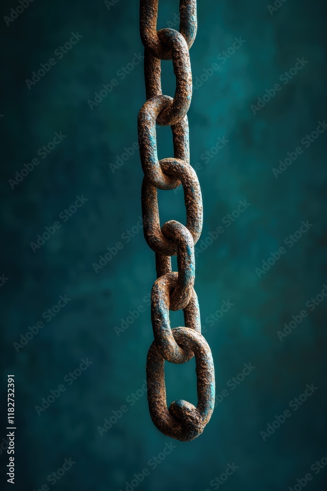 Close-up of a Rusty Chain Dangling Against a Moody Teal Background Illustrating Decay and Industrial Artistry in a Simple Yet Intricate Composition Close-up of a Rusty Chain Dangling Against a Moody Teal Background Illustrating Decay and Industrial Artistry in a Simple Yet Intricate Composition