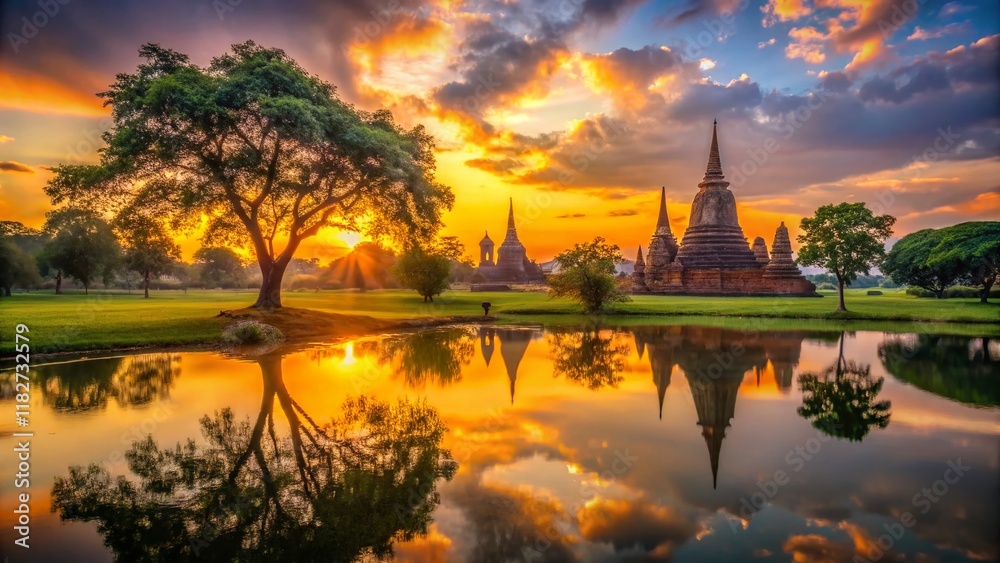 Obraz premium Ayutthaya Sunset: Silhouette of Ancient Ruins Reflected in a Peaceful Pond