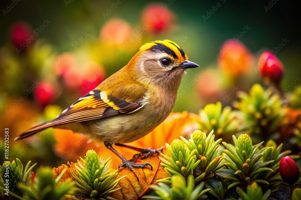 Obraz premium Azores Goldcrest Bird: Vibrant Summer plumage in Furnas, San Miguel Island Vintage Photo