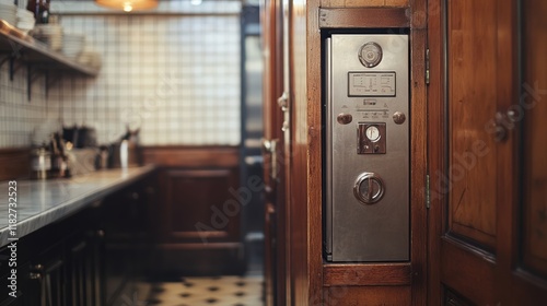 Vintage Dumbwaiter System in Historical Kitchen Setting with Wooden Cabinets and Classic Checkered Tiles Reflecting Retro Interior Design