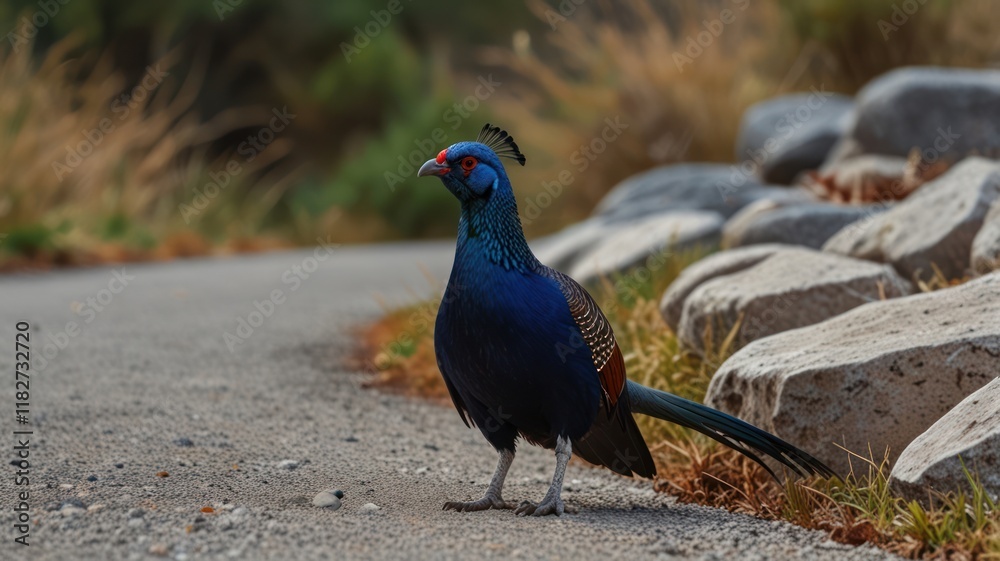 Fototapeta premium Vibrant blue pheasant near rocks on path.