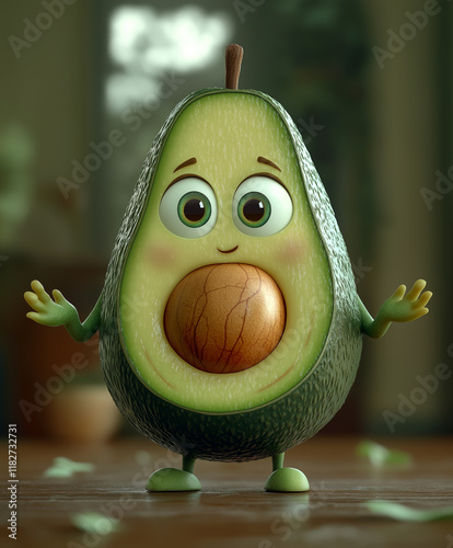 Happy avocado character, cheerful fruit design, joyful 3d illustration photo