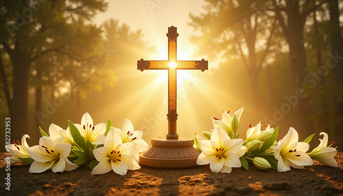 Illuminated cross with lilies at sunset in forest