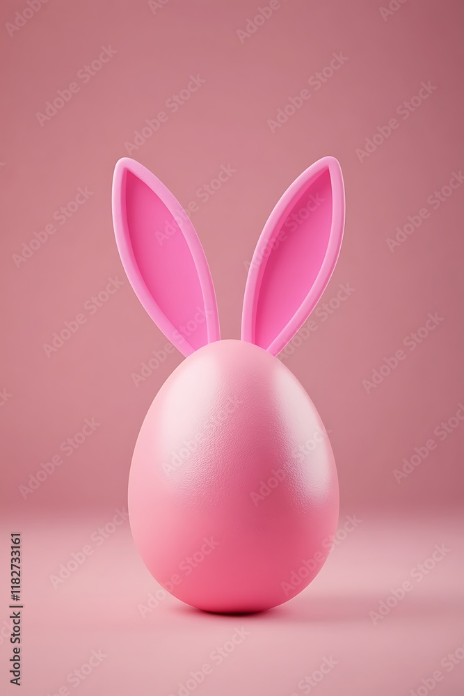 Fototapeta premium white mockup egg with bunny rabbit ears isolated on pink background, Easter spring holiday concept, minimalist style, card or banner with copy space, blank template egg for design