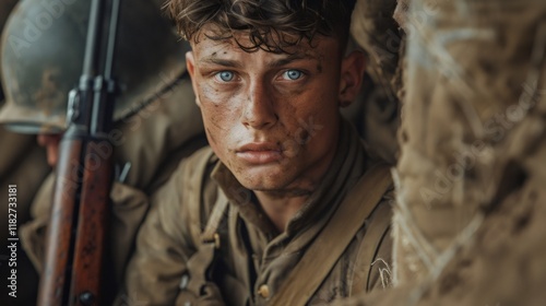 Close-up of world war one american soldier showing courage and determination photo