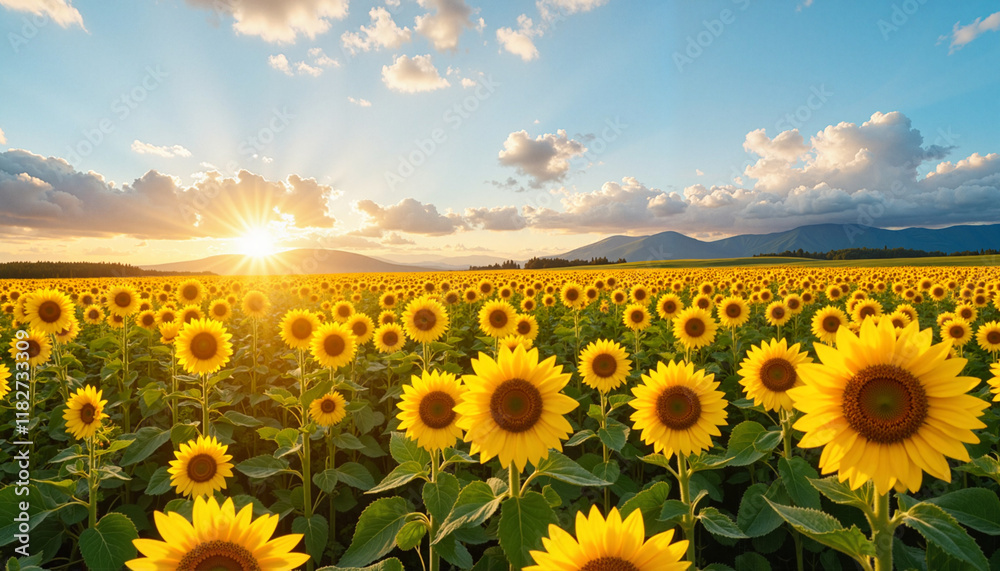 Obraz premium Sunflower field at sunset with mountains in background