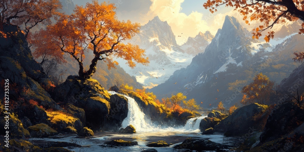 Fototapeta premium Enchanting Painting of a Majestic Waterfall Cascading Through a Lush Green Forest Surrounded by Vibrant Flora and Tranquil Natural Beauty