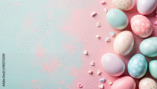 Pastel Easter eggs on dual-colored background photo