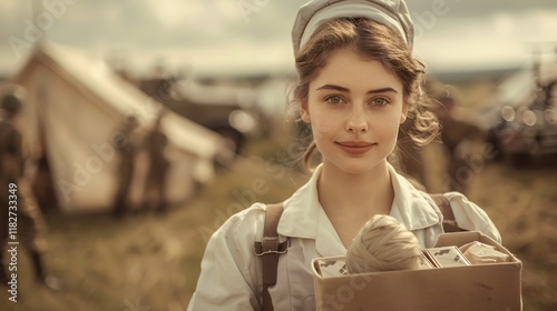 Young woman bringing supplies to field hospital during wartime photo